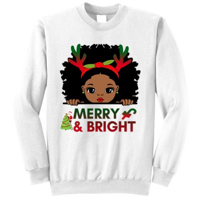 Black Girl Reindeer Santa Claus Christmas Merry And Bright Sweatshirt