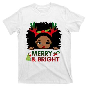 Black Girl Reindeer Santa Claus Christmas Merry And Bright T-Shirt