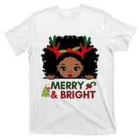 Black Girl Reindeer Santa Claus Christmas Merry And Bright T-Shirt