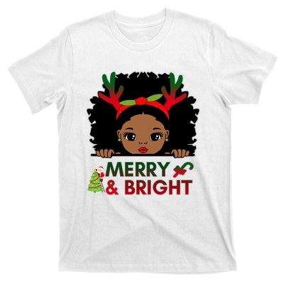 Black Girl Reindeer Santa Claus Christmas Merry And Bright T-Shirt