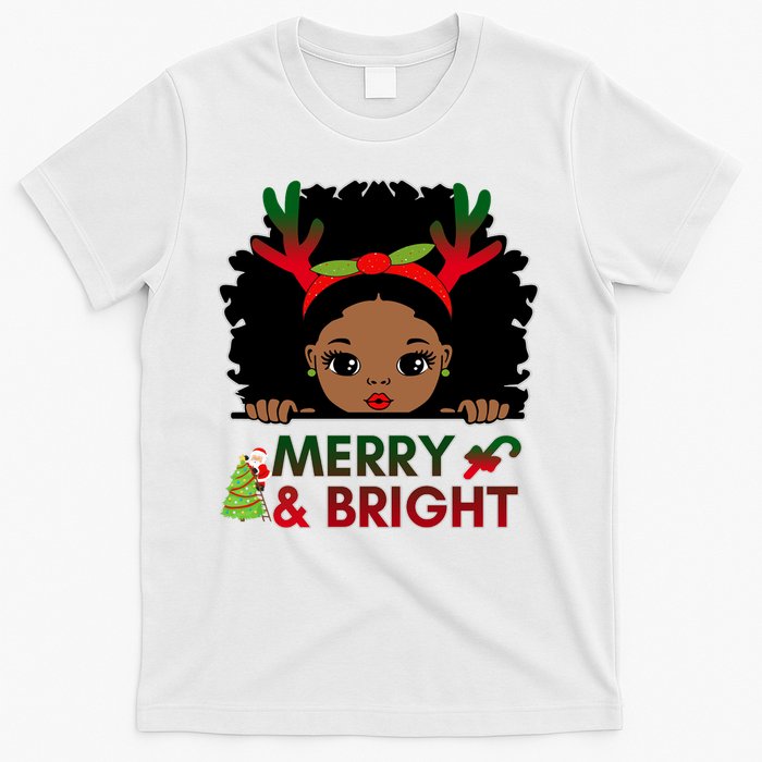 Black Girl Reindeer Santa Claus Christmas Merry And Bright T-Shirt