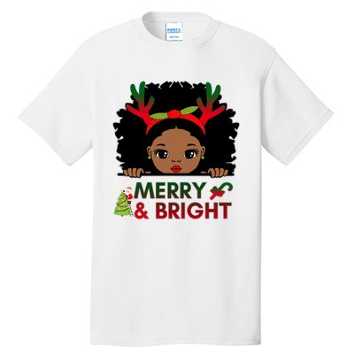 Black Girl Reindeer Santa Claus Christmas Merry And Bright Tall T-Shirt