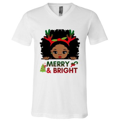 Black Girl Reindeer Santa Claus Christmas Merry And Bright V-Neck T-Shirt