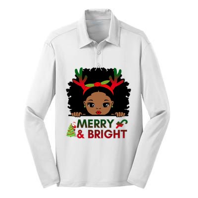 Black Girl Reindeer Santa Claus Christmas Merry And Bright Silk Touch Performance Long Sleeve Polo