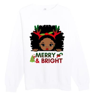 Black Girl Reindeer Santa Claus Christmas Merry And Bright Premium Crewneck Sweatshirt