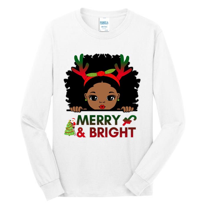 Black Girl Reindeer Santa Claus Christmas Merry And Bright Tall Long Sleeve T-Shirt