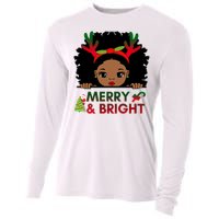 Black Girl Reindeer Santa Claus Christmas Merry And Bright Cooling Performance Long Sleeve Crew