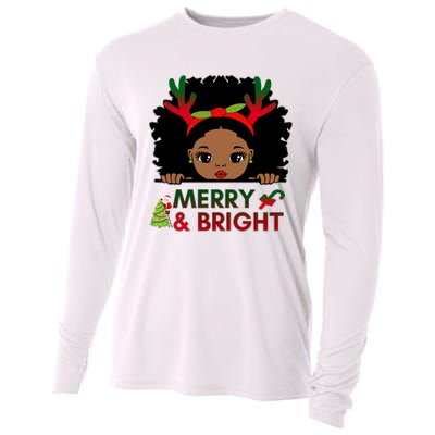 Black Girl Reindeer Santa Claus Christmas Merry And Bright Cooling Performance Long Sleeve Crew