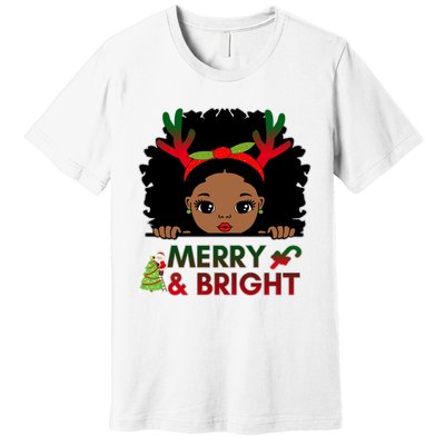 Black Girl Reindeer Santa Claus Christmas Merry And Bright Premium T-Shirt