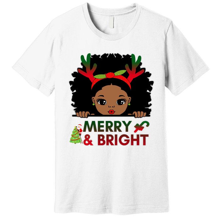 Black Girl Reindeer Santa Claus Christmas Merry And Bright Premium T-Shirt