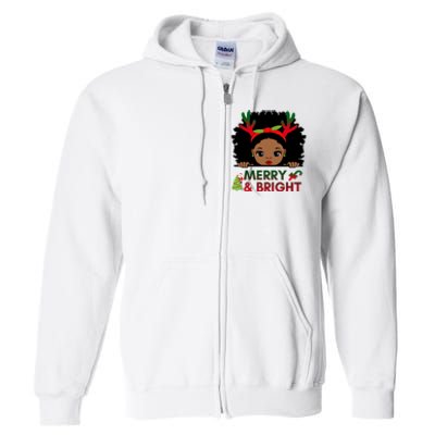 Black Girl Reindeer Santa Claus Christmas Merry And Bright Full Zip Hoodie