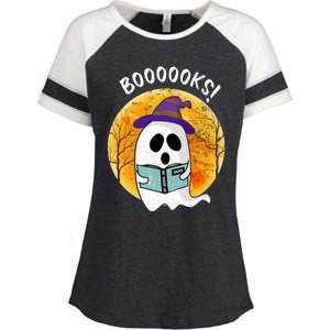 Boooooks! Ghost Reading Book For Librarians Funny Halloween Gift Enza Ladies Jersey Colorblock Tee