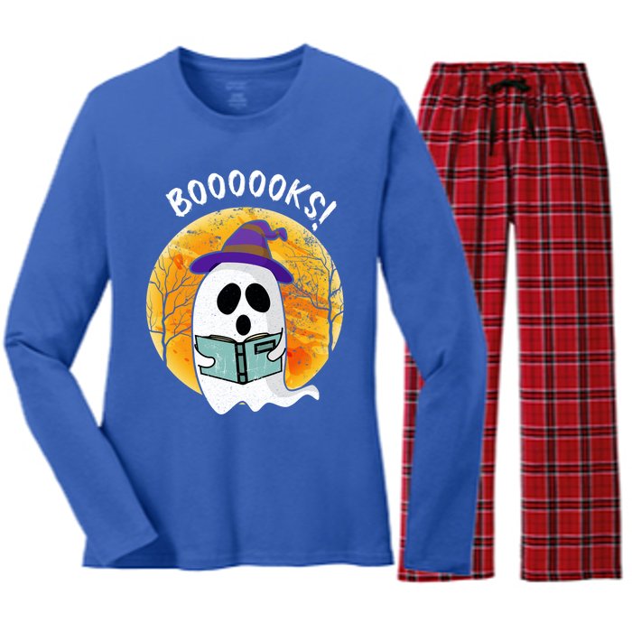 Boooooks! Ghost Reading Book For Librarians Funny Halloween Gift Women's Long Sleeve Flannel Pajama Set 