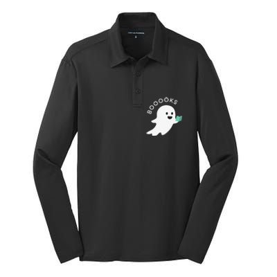 Booooks Ghost Reading Books Halloween Silk Touch Performance Long Sleeve Polo