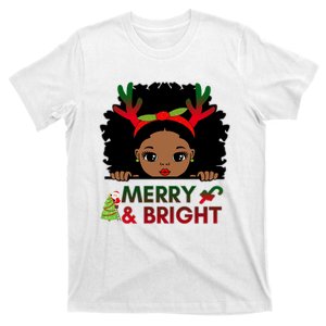 Black Girl Reindeer Santa Claus Christmas Merry And Bright T-Shirt