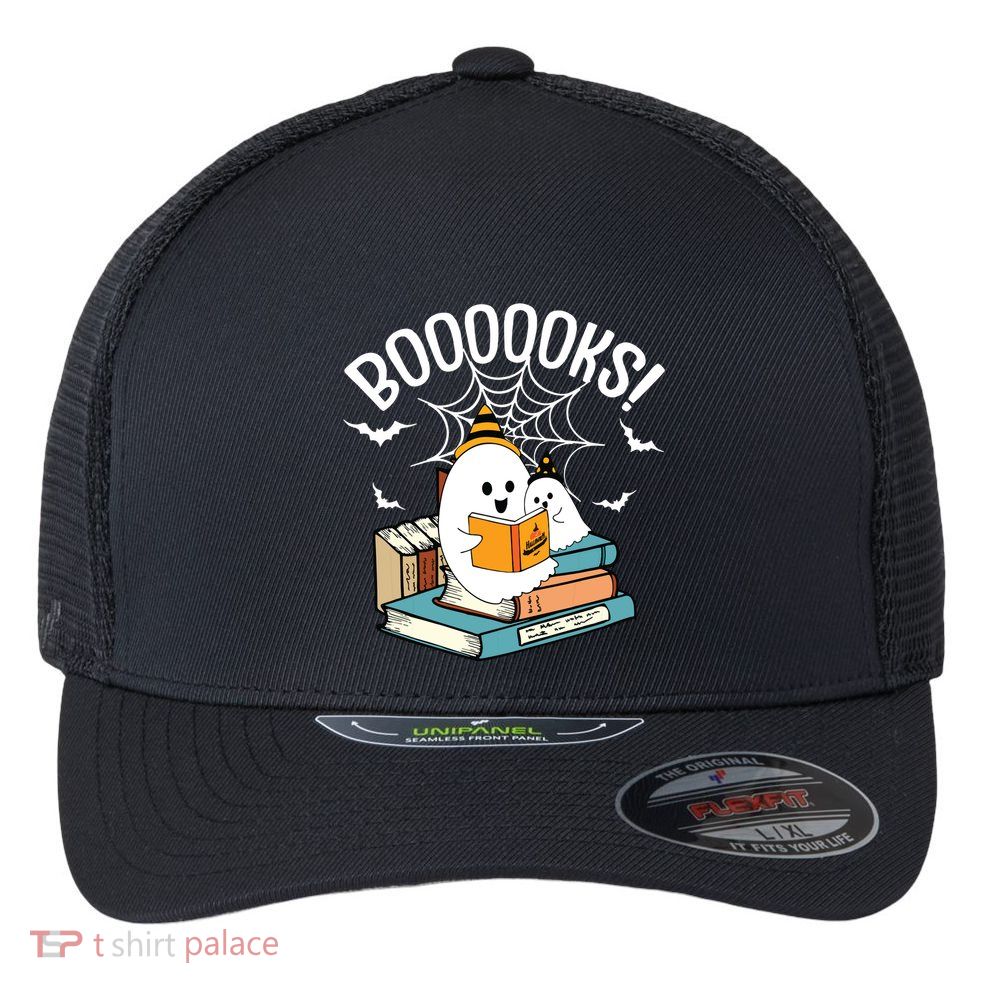 Booooks Ghost Read Books Halloween Funny Flexfit Unipanel Trucker Cap