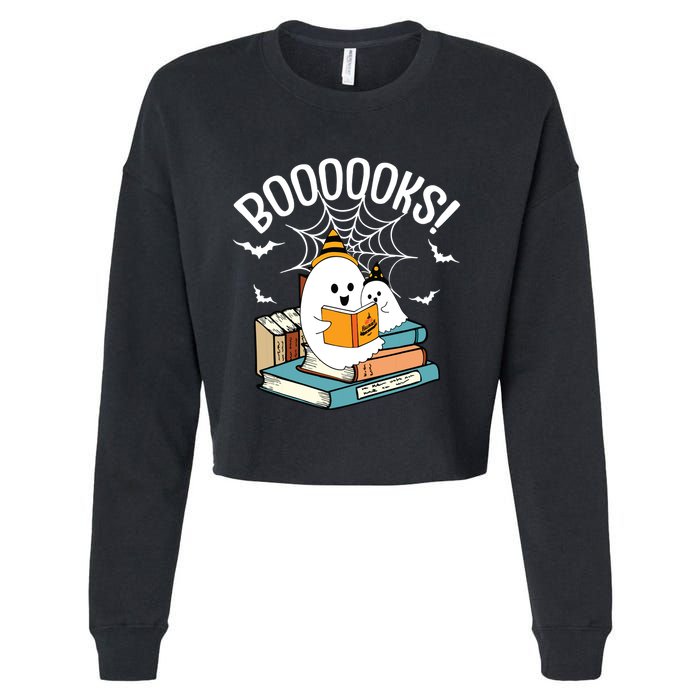 Booooks Ghost Read Books Halloween Funny Cropped Pullover Crew