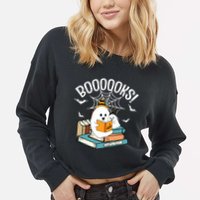 Booooks Ghost Read Books Halloween Funny Cropped Pullover Crew