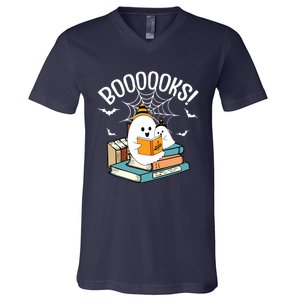 Booooks Ghost Read Books Halloween Funny V-Neck T-Shirt