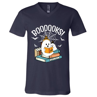 Booooks Ghost Read Books Halloween Funny V-Neck T-Shirt
