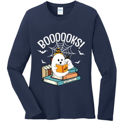 Booooks Ghost Read Books Halloween Funny Ladies Long Sleeve Shirt
