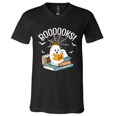 Booooks Ghost Read Books Halloween Funny V-Neck T-Shirt