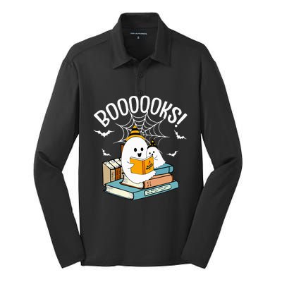 Booooks Ghost Read Books Halloween Funny Silk Touch Performance Long Sleeve Polo