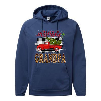 Blessed Grandpa Red Truck Plaid Xmas Tree Family Christmas Gift Performance Fleece Hoodie