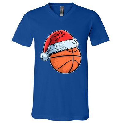 Basket Game Sports Baller Santa Claus Hat Basketball Gift V-Neck T-Shirt