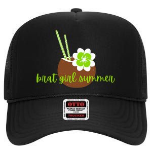 Brat Girl Summer Kamala Is Brat Lime Green Coconut Tree 24 High Crown Mesh Back Trucker Hat