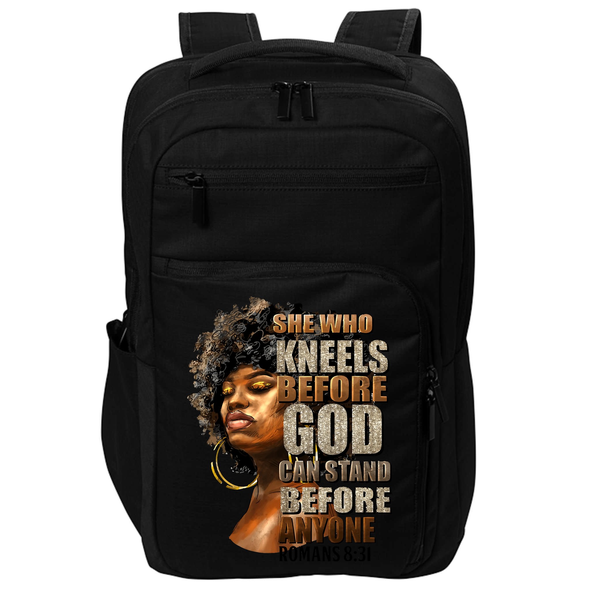 Black Girl She Who Kneels Before God Christian Afro Impact Tech Backpack