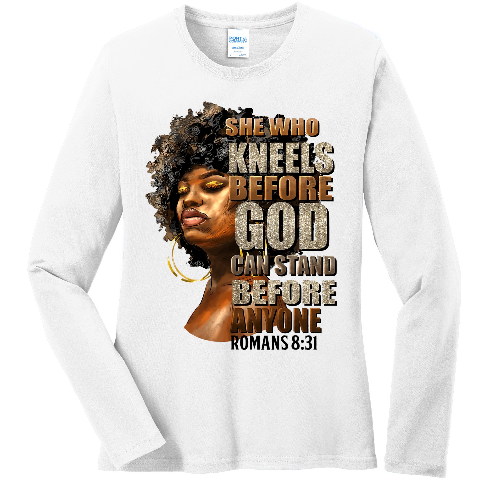 Black Girl She Who Kneels Before God Christian Afro Ladies Long Sleeve Shirt