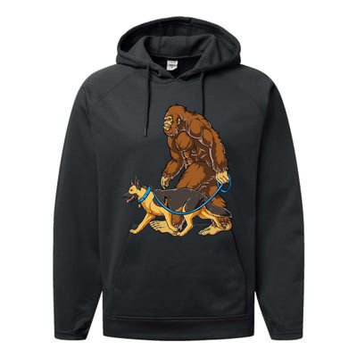 Bigfoot German Shepherd Dog Walk Funny Sasquatch Lovers Performance Fleece Hoodie