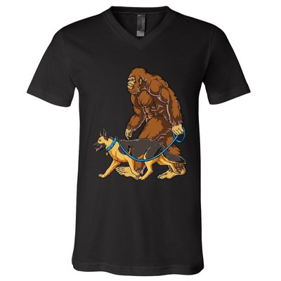 Bigfoot German Shepherd Dog Walk Funny Sasquatch Lovers V-Neck T-Shirt