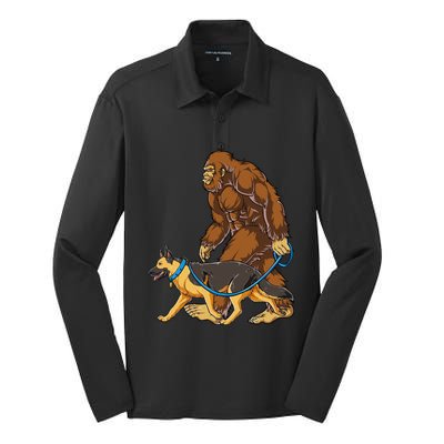 Bigfoot German Shepherd Dog Walk Funny Sasquatch Lovers Silk Touch Performance Long Sleeve Polo