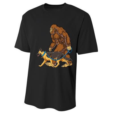 Bigfoot German Shepherd Dog Walk Funny Sasquatch Lovers Performance Sprint T-Shirt