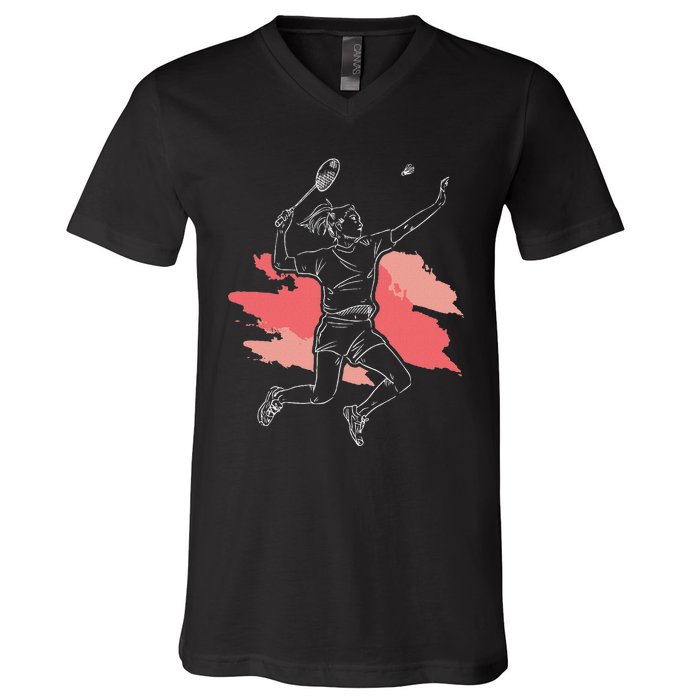 Badminton Girl Smash Shuttlecock Athlete Sports V-Neck T-Shirt