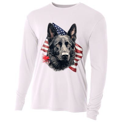 Black German Shepherd 4th Of July Dog Lover American Flag Cooling Performance Long Sleeve Crew