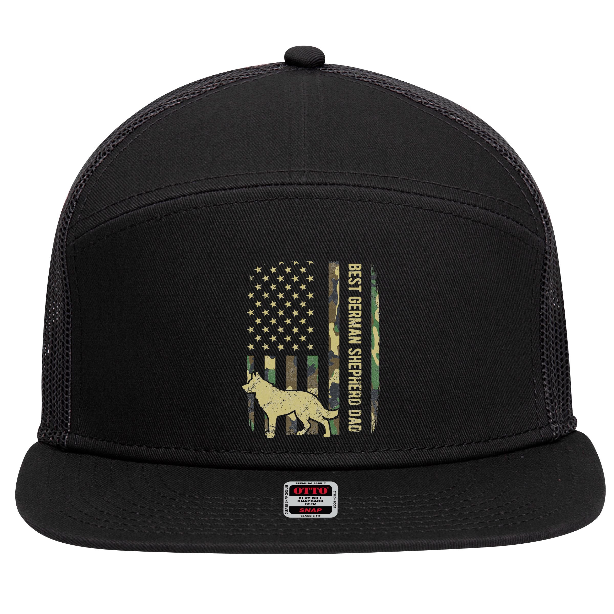 Best German Shepherd Dog Dad Camouflage American Flag 7 Panel Mesh Trucker Snapback Hat