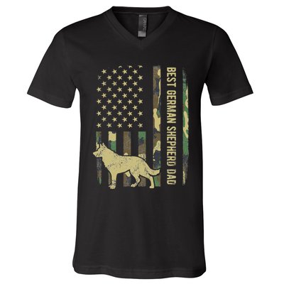 Best German Shepherd Dog Dad Camouflage American Flag V-Neck T-Shirt