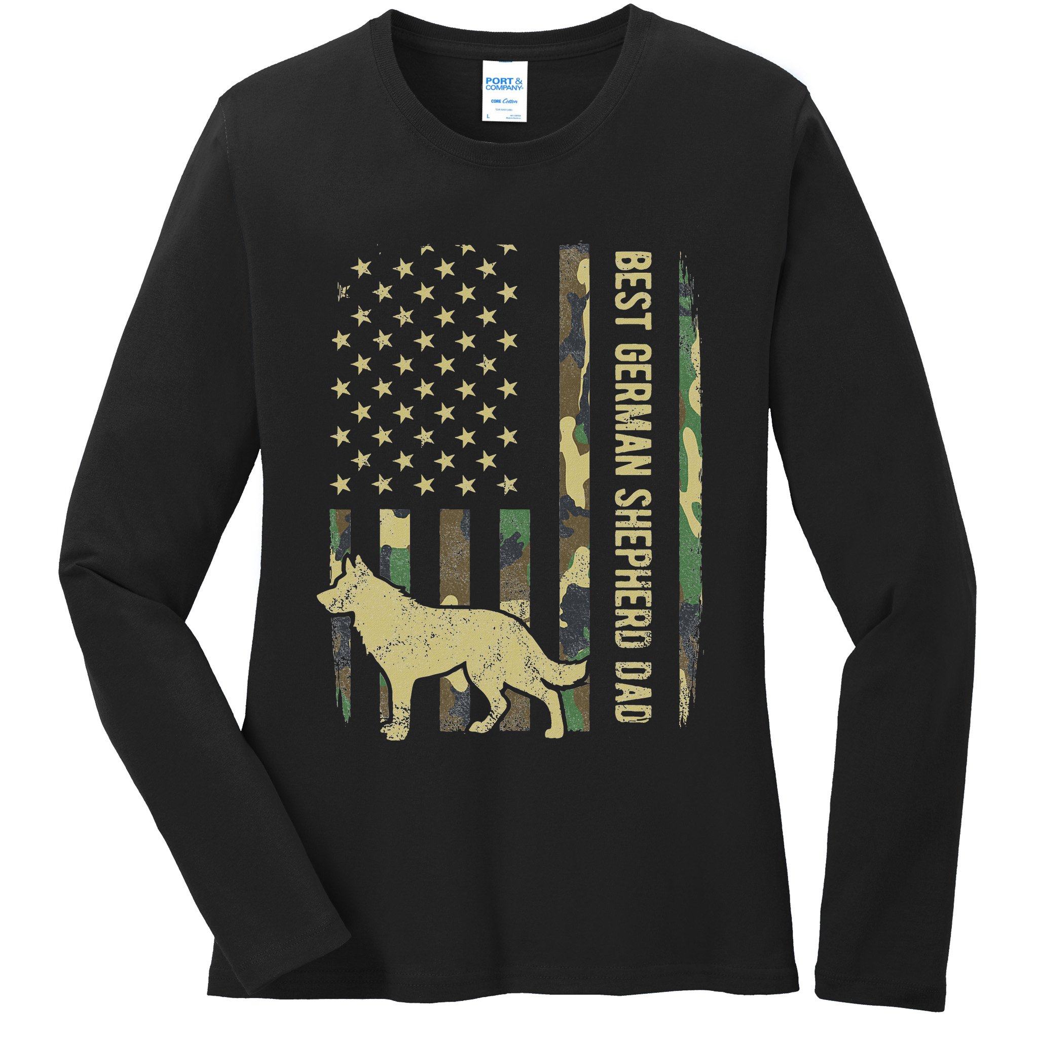 Best German Shepherd Dog Dad Camouflage American Flag Ladies Long Sleeve Shirt