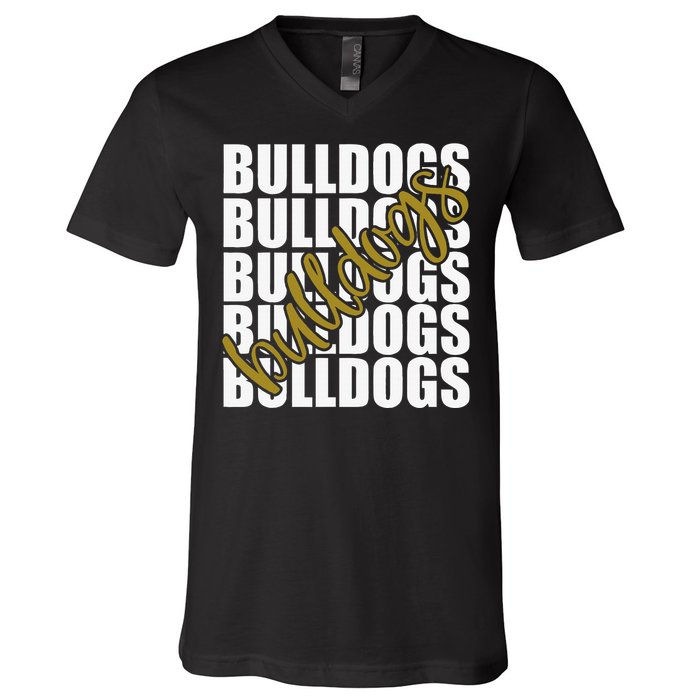 Bulldogs Gold School Sports Fan Team Spirit V-Neck T-Shirt