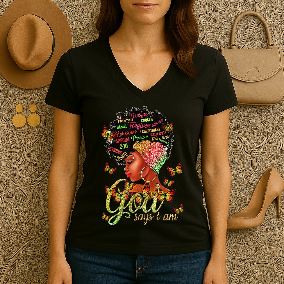 Black  God Says I Am Black Melanin History Month Pride Women's V-Neck T-Shirt