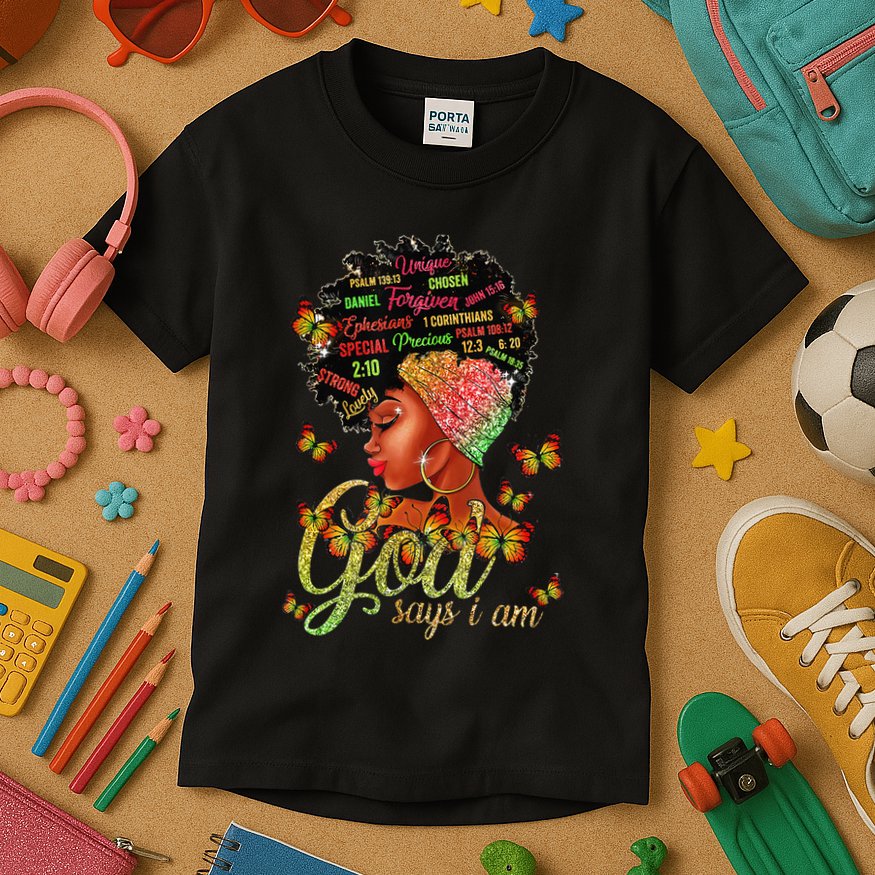 Black  God Says I Am Black Melanin History Month Pride Kids T-Shirt