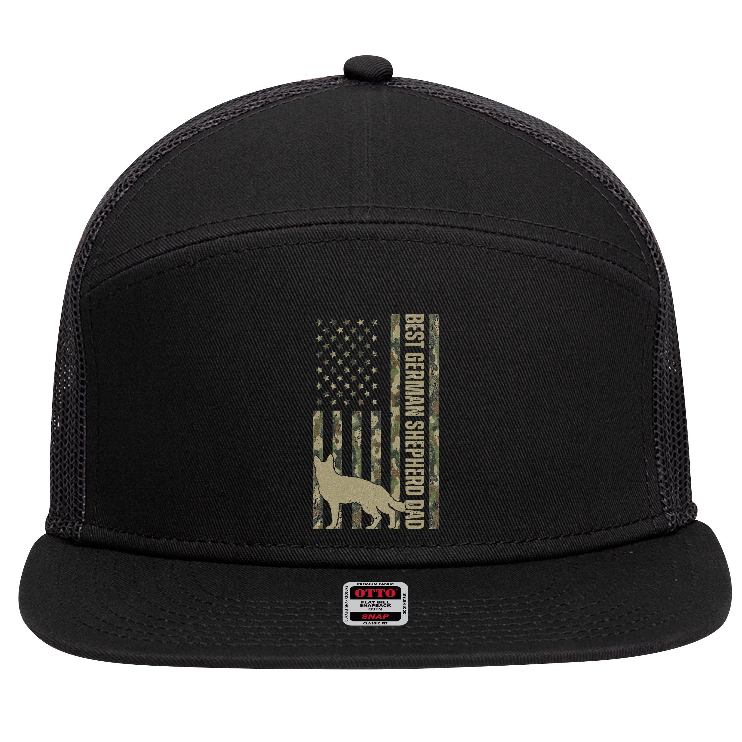 Best German Shepherd Dog Dad Camouflage American Flag 7 Panel Mesh Trucker Snapback Hat