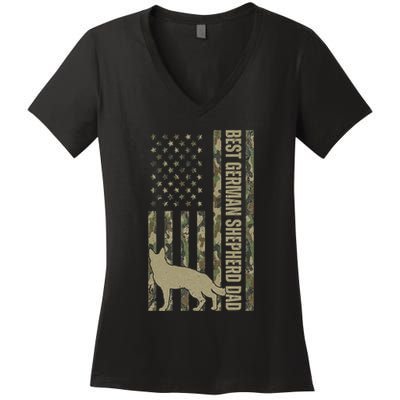 Best German Shepherd Dog Dad Camouflage American Flag Women's V-Neck T-Shirt