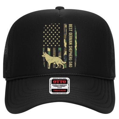 Best German Shepherd Dog Dad Camouflage American Flag High Crown Mesh Back Trucker Hat