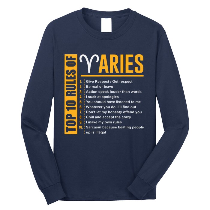 Birthday Gifts Top 10 Rules Of Aries Zodiac Long Sleeve Shirt