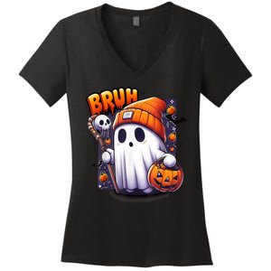 Bruh Ghost Trick Or Treat Candy Halloween Cute Ghost Gift Women's V-Neck T-Shirt