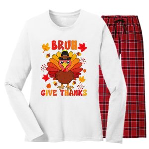 Bruh Give Thanks Cute Thanksgiving Turkey Thankful Women's Long Sleeve Flannel Pajama Set 